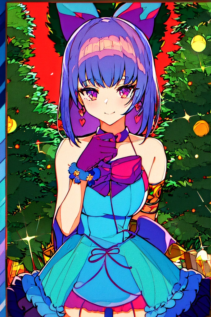 1 girl, hits, blue fur, bow, box, bracelet, Christmas, Christmas tree, cowboy shot, dress, earrings, fishnet stockings, flower, gift, gift box, hair ornament, hamel, jewelry, looking at the viewer, multicolor fur, collar, shackles, Chapped lips, purple eyes, red dress, Love, rosa, short hair, SMILE, Alone, Thighs