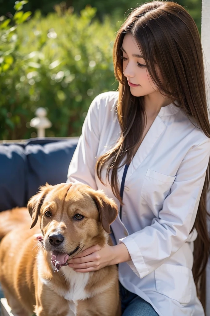 girl veterinarian with long light brown hair, with a dog
