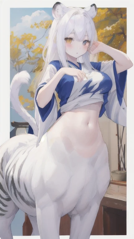(best quality, masterpiece), 1 girl, centaur, It takes, White skin, Japanese , exposing the abdomen,belly button t-shirt, 아름다운 소녀 perfect white tiger photo, perfect white tiger photo