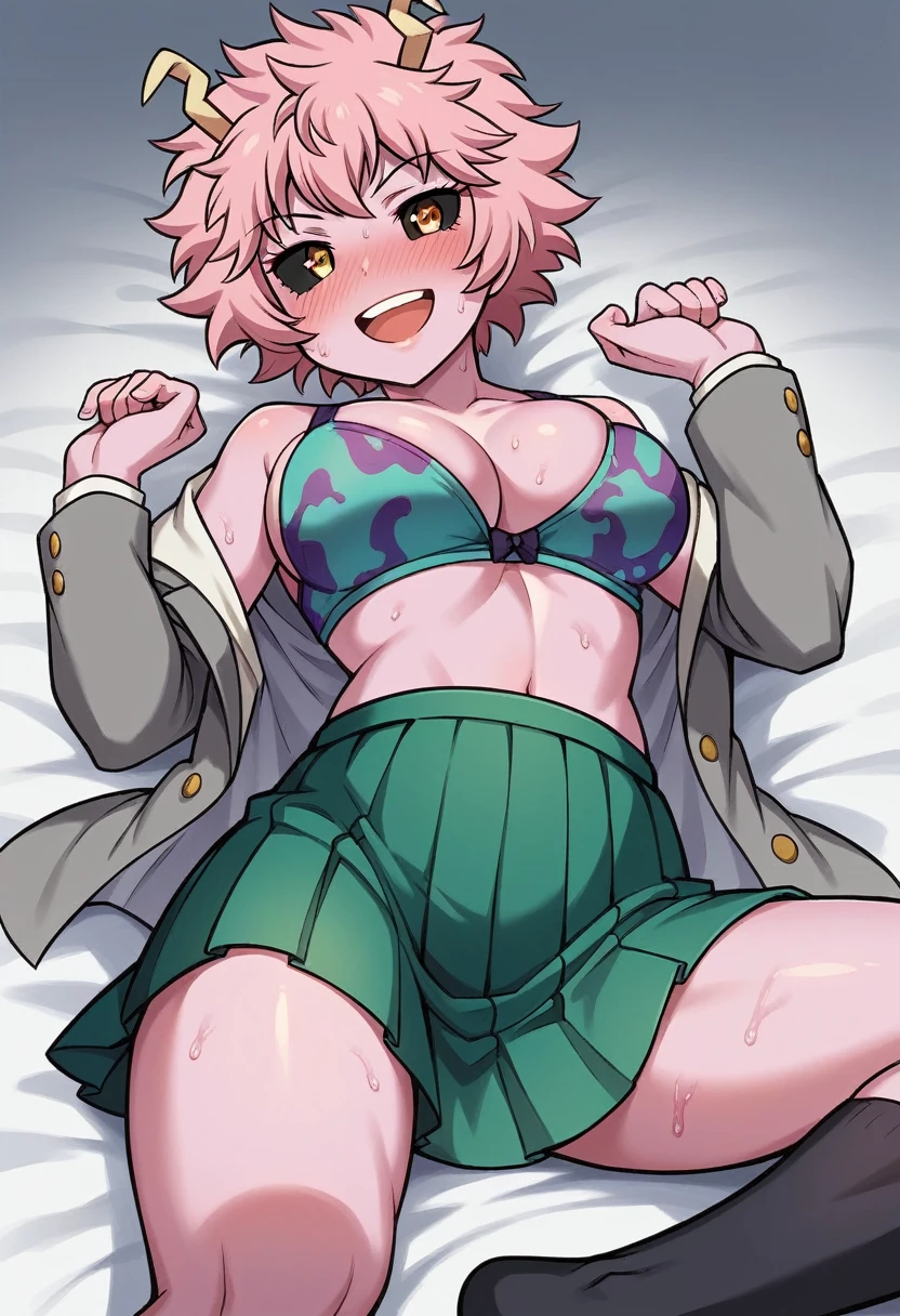 Luminal reflexes, natural light, exciting, Triad color scheme, elegant, sensual:0.6, looking at the viewer, 1 girl, Women, alone, blush, open the mouth, SMILE, teeth, software, Mina Ashido, Jacket, grey Jacket, atar, red atar, Skirt, green Skirt, pleated Skirt, socks, black socks, knee high socks,open shirt,show bra,neckline,(huge chest:1.1),full bust,round chest,from below,toned stomach,Skinny body, sweat,wet,SMILE afectada,nose blush, heart-shaped pupils, frustrated,Breast closeup,lying,bedroom