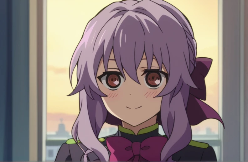 score_9, score_8_up, score_7_up, source_anime,Shinoa Hiiragi,upper body, looking at viewer, smile, blush, overgrown city, 