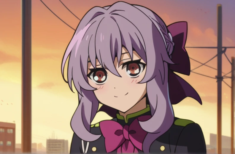 score_9, score_8_up, score_7_up, source_anime,Shinoa Hiiragi,upper body, looking at viewer, smile, blush, overgrown city, 