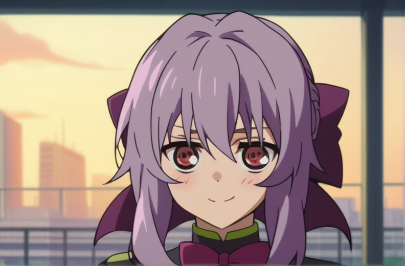 score_9, score_8_up, score_7_up, source_anime,Shinoa Hiiragi,upper body, looking at viewer, smile, blush, overgrown city, 