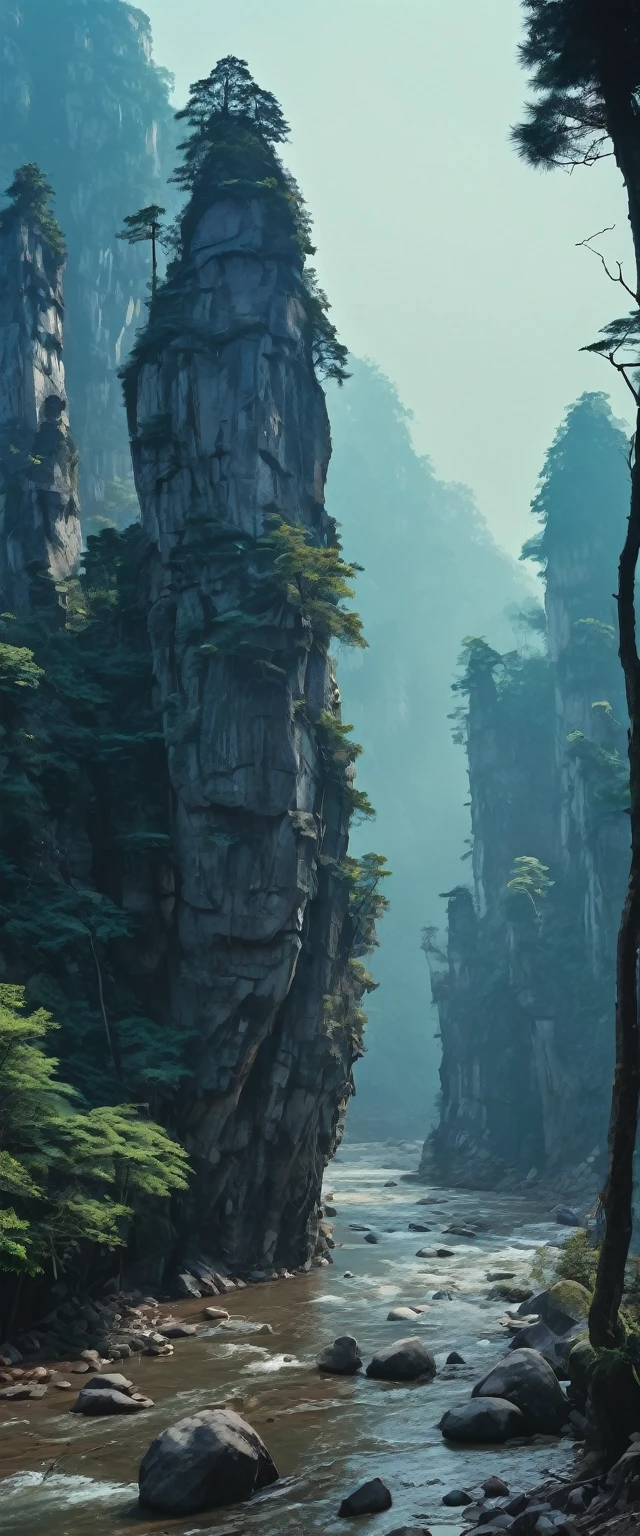 Create horrible creatures, multiple colour,Pigment exudation, The story takes place beside a river,Next to it is a forest filled with thick sphalerite mist., 全部采用 4K resolution,Total length,Opal Girl,Ogre ,Pretty Face,Raised eyebrows,full-body shot,Ominous Cleveland Stone Landscape,Niobium gray atmosphere,author:Simon Stalenhag,Nicomoli,(((Wanjichi Mutu))),primary color,Urban,Extremely detailed,masterpiece,Intricate details,fade,eyes Extremely detailed, High detail eyes,4K resolution,Raw, Nikon Z9,Horrible village,hunter,Fairy,Stone Forest, Yunnan, China,Zhangjiajie National Forest Park, China