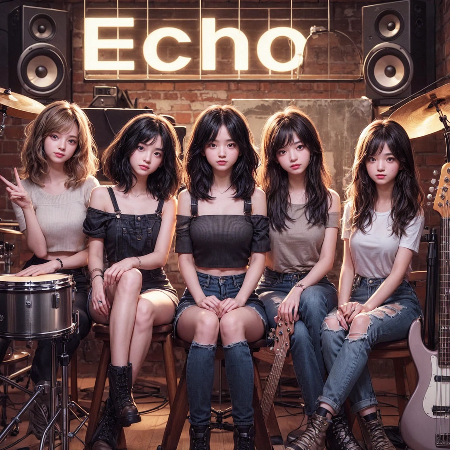 **Photo of 5 beautiful girls, aged 18 to 20, sitting:**
- **3 girls with messy black hair**
- **1 girl with wavy bob black hair**
- **1 girl with a black ponytail**
One girl is playing the drums, one girl is playing the piano, one girl is playing the bass guitar, one girl is playing the guitar, and one girl is singing. They are sitting behind a board with the word "ECHO" written on it. The background is a music studio, complete with drums, guitars, bass guitar, and piano. The image is ultra HD, 4k, photorealistic, raw, and a masterpiece.