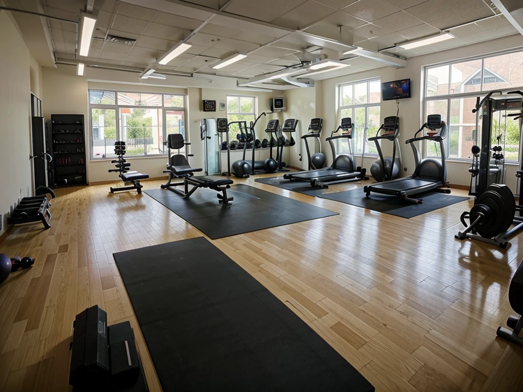photo of a fitness gym, with various equipment, wide angle photo, high quality,