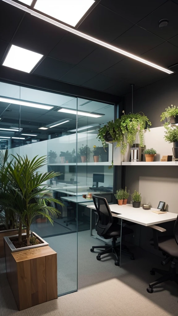 Recreate a post-modern office with modern lighting fixtures, glass dividers and 1 pot with plant. (it's day)