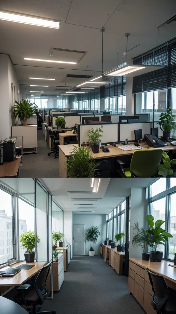 Recreate a post-modern office with modern lighting fixtures, glass dividers and 1 pot with plant. (it&#39;s day)