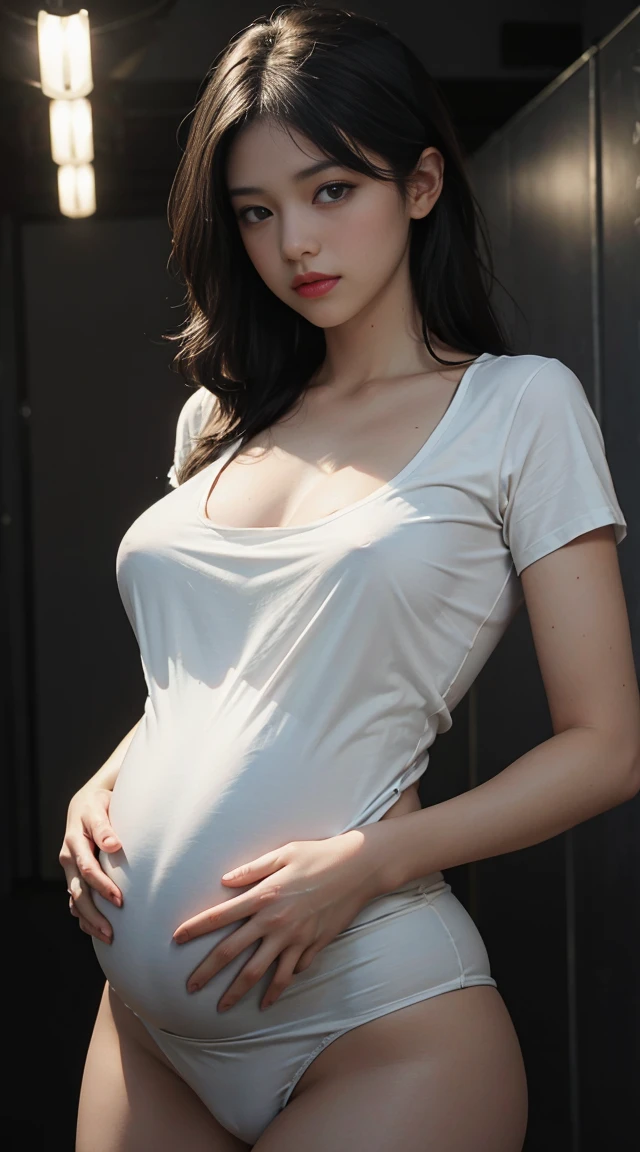 best quality, masterpiece, ultra high resolution, (fidelity: 1.4), original photo, pregnant, Mature, white top, no bra, Cinema lighting, model adult magazine