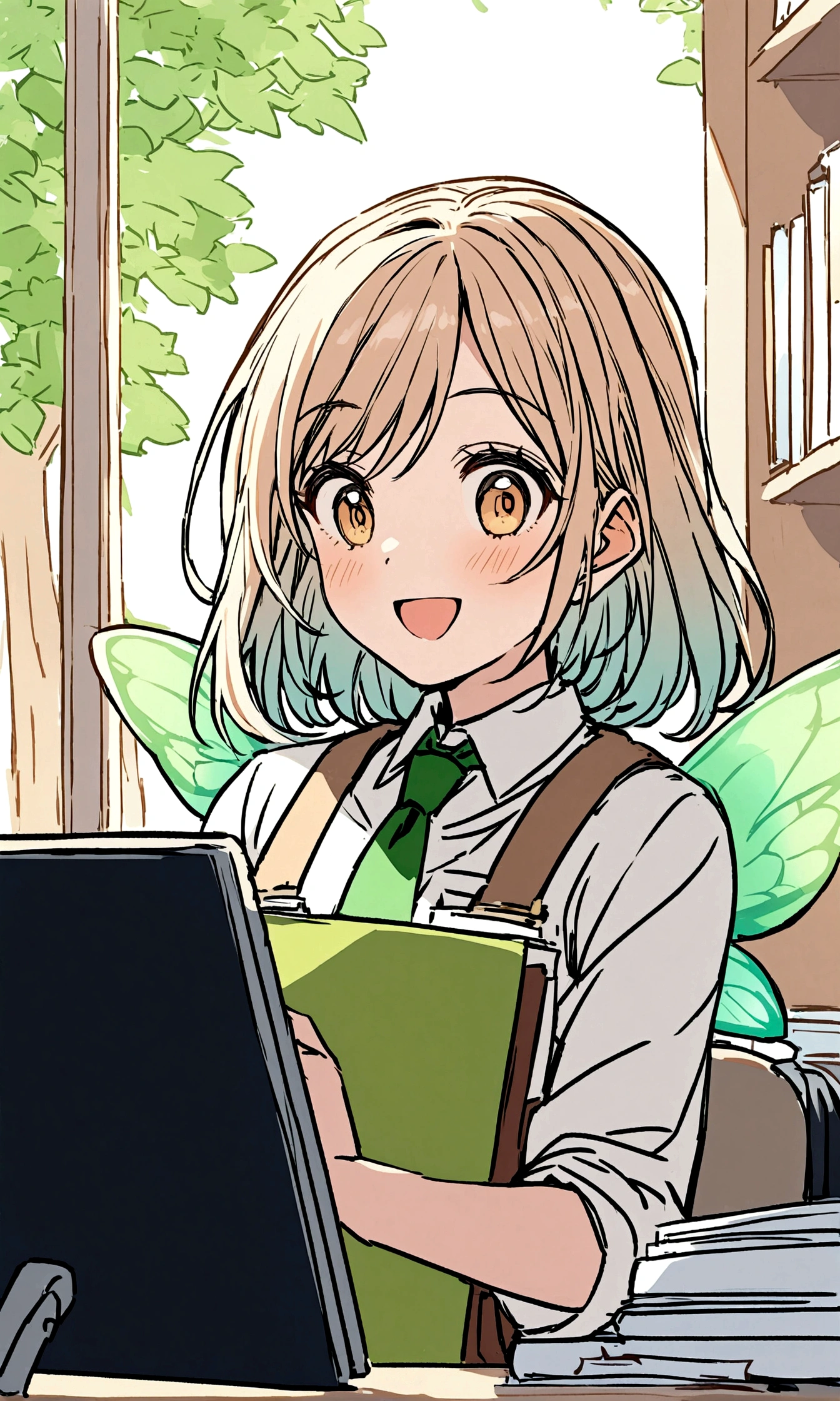 A cheerful little fairy flies above the heads of office workers, holding up documents in her hands. The workers look up from their computers and smile. The office is bright and airy, and the windows offer a view of the city outside. The fairy's documents contain new ideas and presentations that will motivate the workers. The workers' desks are cluttered with coffee cups and papers. Overall, the image conveys a lively scene in a bustling office.
Keywords: office, fairy, documents, smile, cheerful, lively
Additional notes:
* The fairy's wings should sparkle.
* The workers should be of different genders and ethnicities.
* The office should be modern and well-lit.