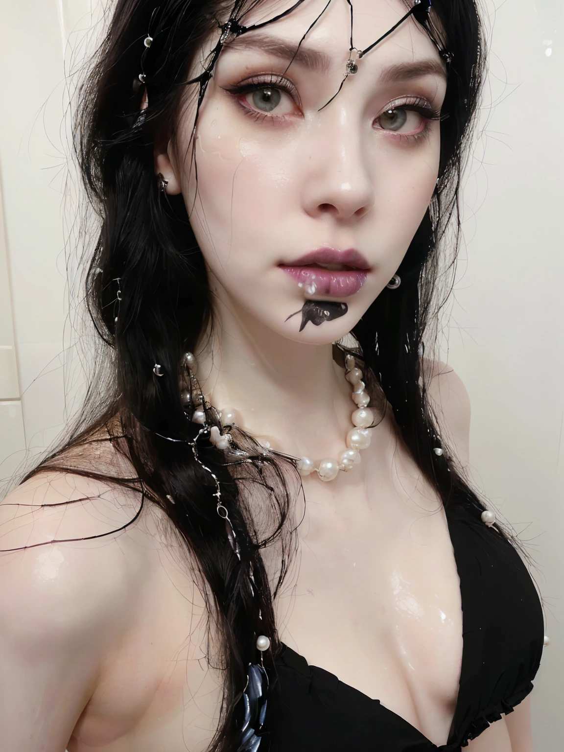 arafed woman with black hair and a black top with pearls, pale fair skin!!, pale goth beauty, belle delphine, pale porcelain white skin, she looks like a mix of grimes, porcelain pale skin, beads cross onbare chest, pearls and chains, cruel korean goth girl, sexy gaze, wet look, goth girl aesthetic, bubble goth, pearls