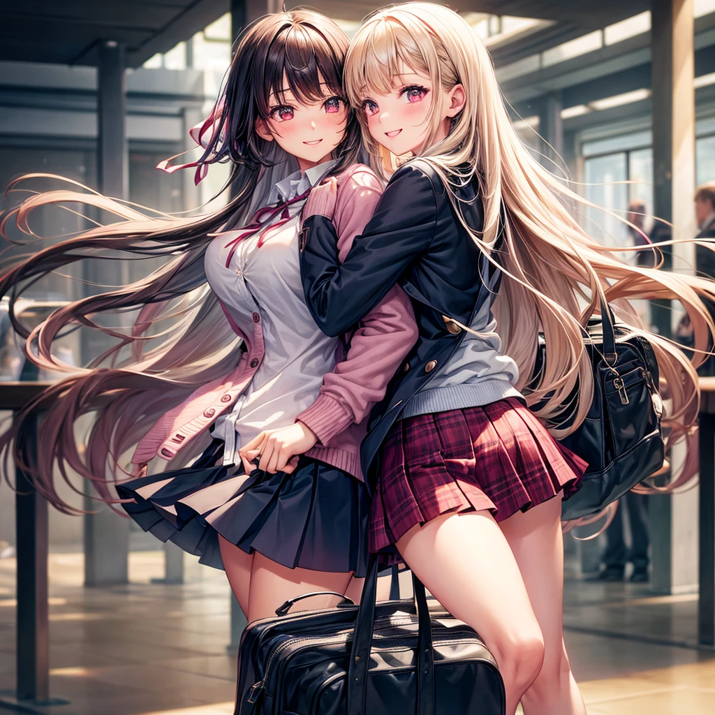 best quality,,smile,cardigan,Girls hugging each other,Evolution Fashion,future fashion,blazer,ribbon on uniform,mini skirt,high school girl,multiple girls are depicted,harem,idol group,photo shoot,long hair,wearing a cardigan,highest quality,big breasts,happy girl,horny girl,pink eyes,perfect face,standing position,I have my hands in my pockets,letting down one's Bangs,beautiful eyes,gym,girls hugging each other,smooth hair,multicolored hair colors,naughty girl,School,beautiful girl,beautiful girl,loose socks