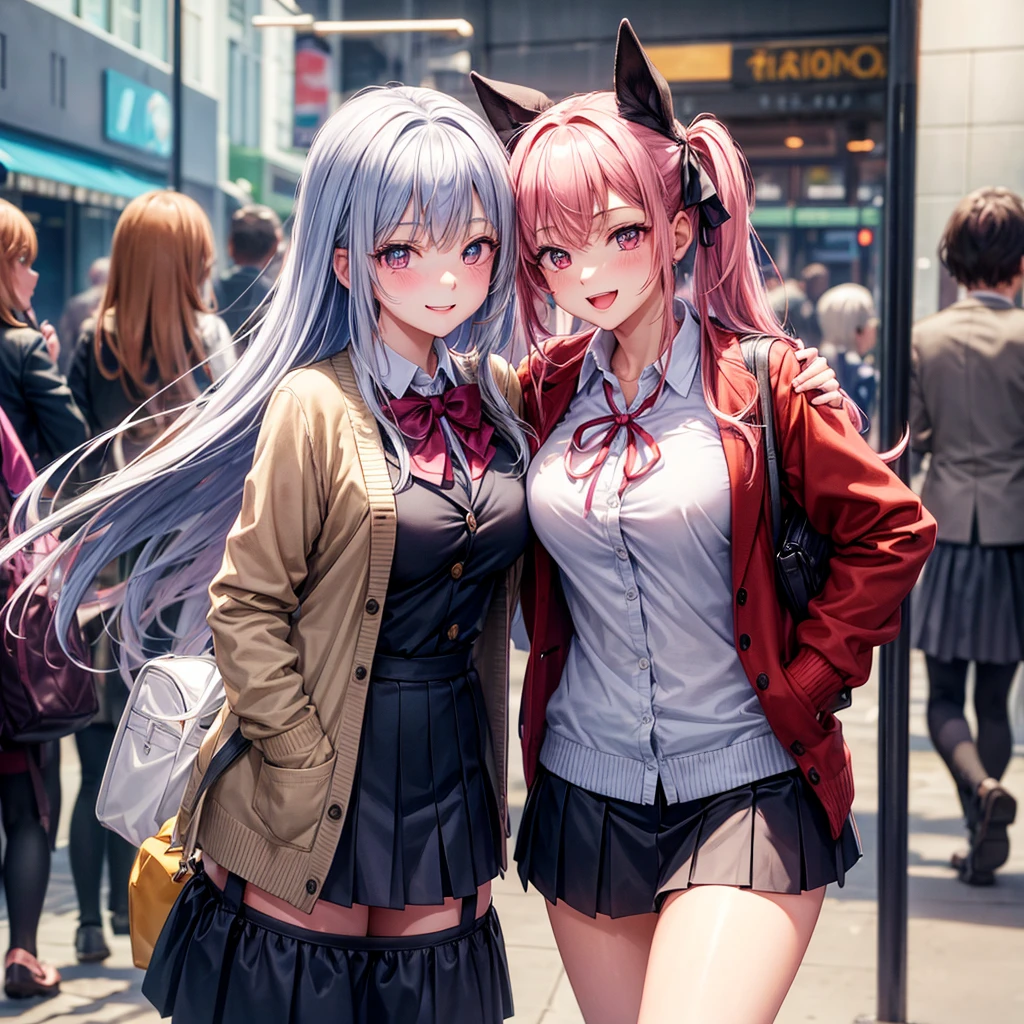 best quality,8K,smile,blazer,ribbon on uniform,mini skirt,high school girl,multiple girls are depicted,harem,idol group,photo shoot,long hair,wearing a cardigan,highest quality,big breasts,happy girl,horny girl,pink eyes,perfect face,standing position,I have my hands in my pockets,letting down one's Bangs,beautiful eyes,gym,girls hugging each other,smooth hair,multicolored hair colors,naughty girl,beautiful girl,beautiful girl,loose socks,Beautiful shining cute girl,Shining Beautiful Girl,Universe No. 1