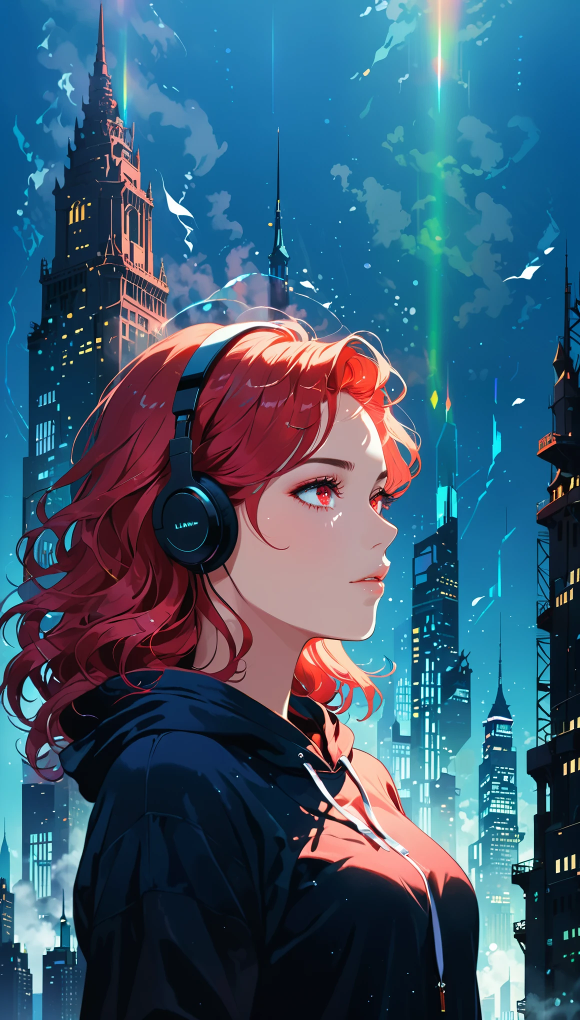 (artist：Jack Hughes:1.4),1 Girl,(Long wavy hair:1.3),(bright city View pattern on clothes:2.1),Wide hood,hoodie,(earphone:1.2),Silhouette,
(Skyline:1.2),(city View:1.4),(A large iron tower:1.3),Stand at the top of the tower,lavenderblush theme,(darkness:1.3),(contour:1.5),(Background with rich lines:1.5),(Blue Background:1.6),(detail Luminescence red eyes:1.8),(looking at viewe:1.1),(Dark atmosphere,shadow,contour,Simple style,dark,Very strong darkness:1.5),(Dynamic_angle:1.2),(fashionable_posture:1.6),glowneon,(dutch angle:1.2),
Luminescence,neon,(Diffraction fog:1.8),Hold your chest with one hand,volume,detailed,texture,(shadow:1.5),(bajifashien is loose and fashionable:1.3),Dynamic angle,Rainbow hair,detailed cute anime face,((Change)),flower,cry,water,corrugated,flowers tire,shattered glass,(The screen is broken),Atlantis,Transparent glass,curvy postureing,