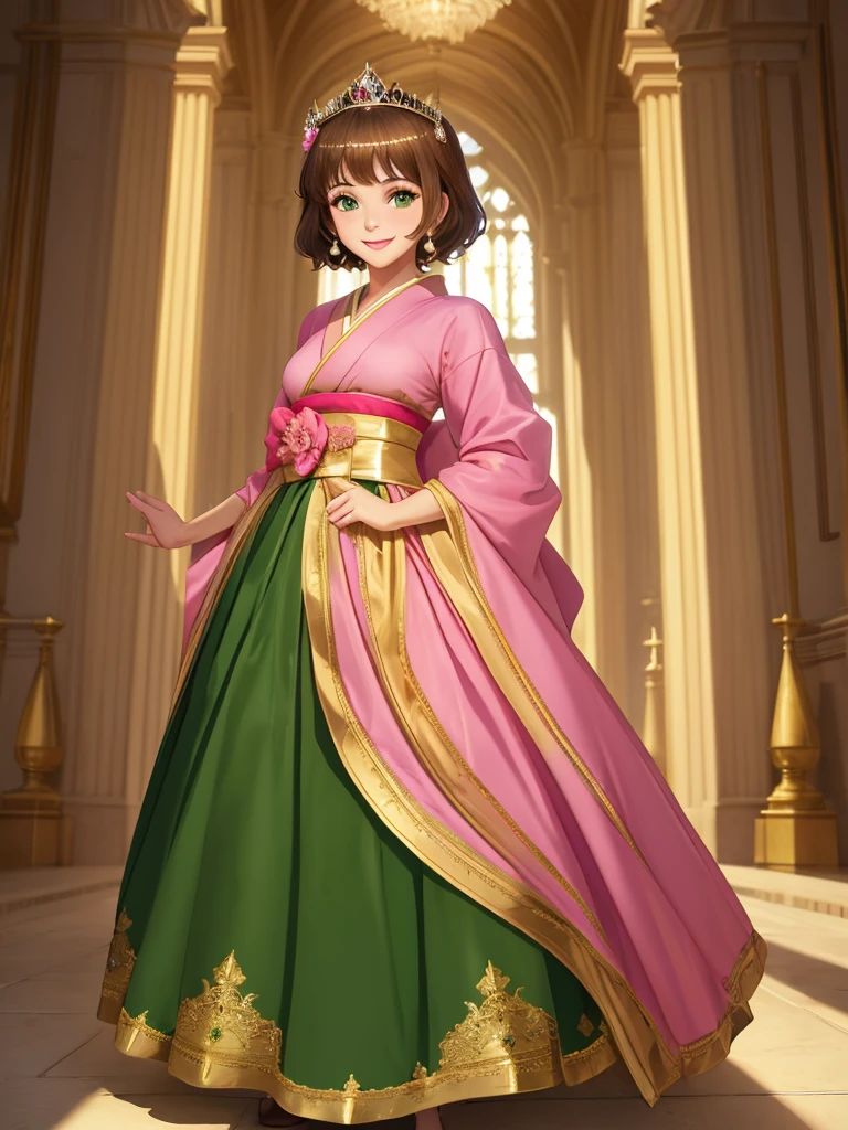 masterpiece, best quality:1.2), 1girl, smile, looking at viewer, green eyes, short brown hair, princess, princess dress, wearing puffy pink ballgown skirt reaching the floor, green kimono, golden tiara with veil, standing in ballroom of medieval castle
