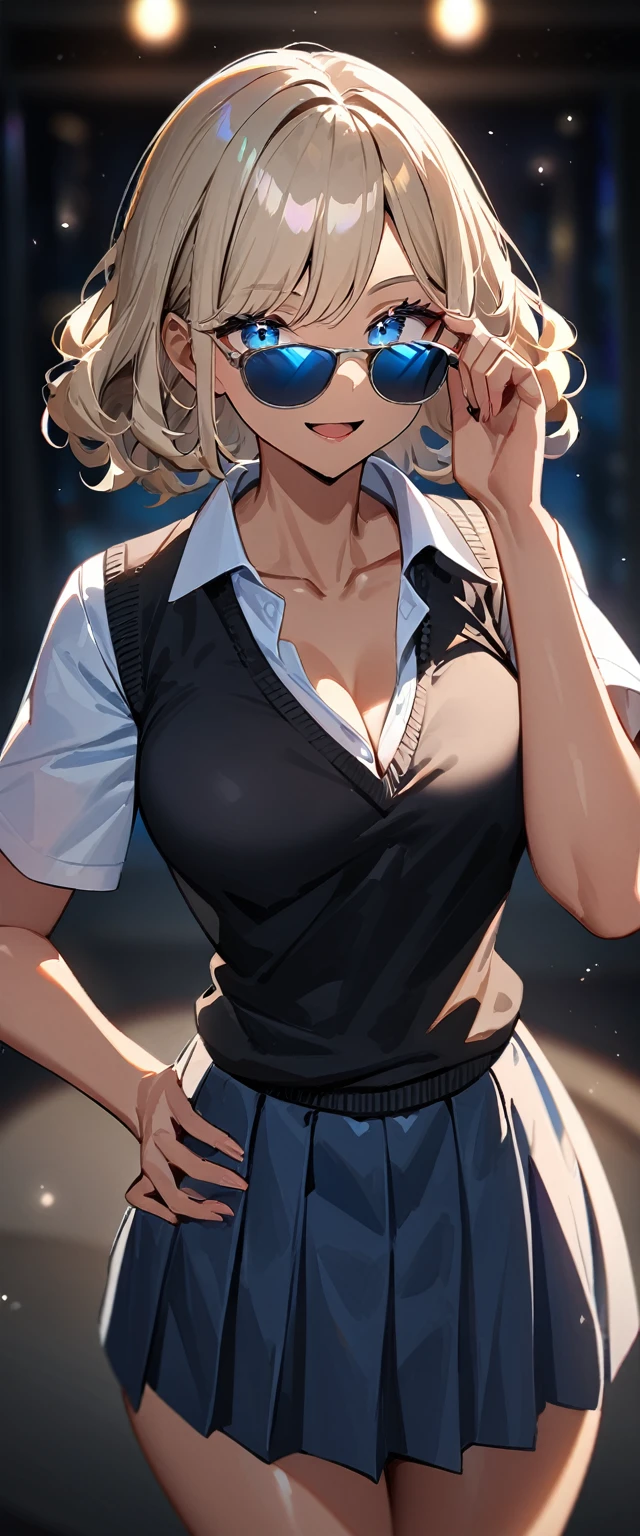 (((One girl))), ((tanned skin:1.3)), blond hair, inwardly curled hair, ((sunglasses, hand to sunglasses)), open mouth, stick out tongue, ((one hand on hip)), ((bob cut:1.3, wavy hair)), Heavy makeup, breasts, (cowboy shot), standard body, (looking at viewer), collarbone, ((((school summer uniform, white unbuttoned shirt, skirt)))), (open collar), ((tie under the sweater vest)), ((black sweater)), teenager, head tilt:1.3, (((blue eye))), ((happy smile)), (((anime style))), (best quality, 4k, 8k, highres, masterpiece:1.2, ultra-detailed, ultra-detailed eyes, HDR, UHD, studio lighting, ultra-fine painting, sharp focus, physically-based rendering, extreme detail description, professional, vivid colors, bokeh), ((Highest quality, Best image quality, Ultra-high resolution, Ultra-high resolution, solo, Strong eye highlights)), Depth of written boundary, Natural soft light, attractive, Beautiful Face, Cleanliness, Pure Face, nedium chest, Beautiful Face, Perfect Fingers, Perfect hands, Perfect body, Perfect Face, Shine a light into your eyes, Perfect Anatomy