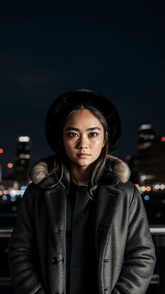 Fujifilm looking at the viewer, ((very detailed eyes and pupils)), very detailed, serious expression, standing facing the city skyline at night, ((full face lighting)), furry coat,