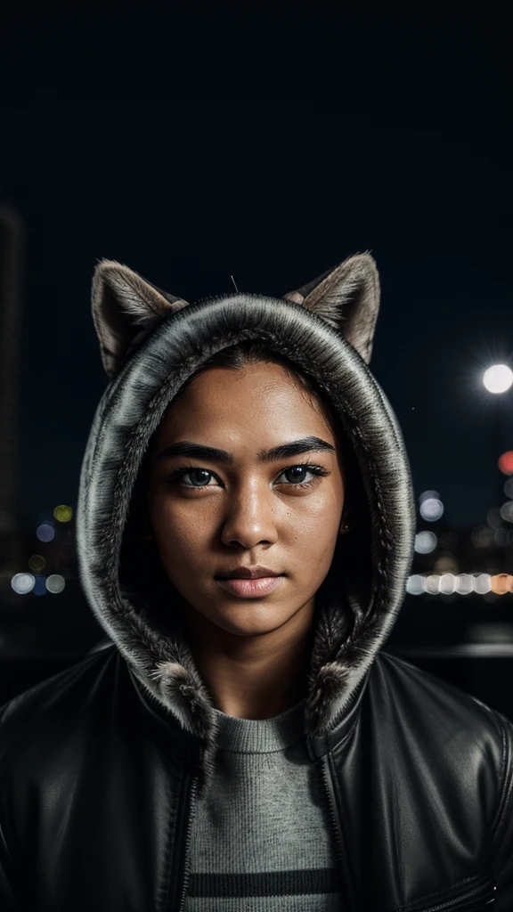 Fujifilm looking at the viewer, ((very detailed eyes and pupils)), very detailed, serious expression, standing facing the city skyline at night, ((full face lighting)), furry coat,