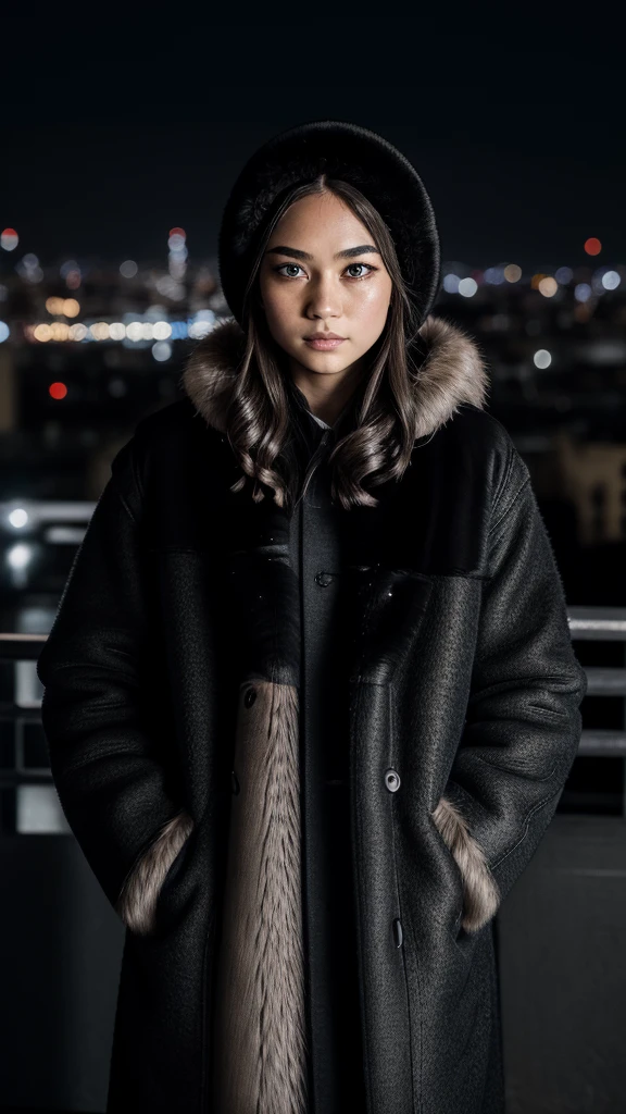 Fujifilm looking at the viewer, ((very detailed eyes and pupils)), very detailed, serious expression, standing facing the city skyline at night, ((full face lighting)), furry coat,