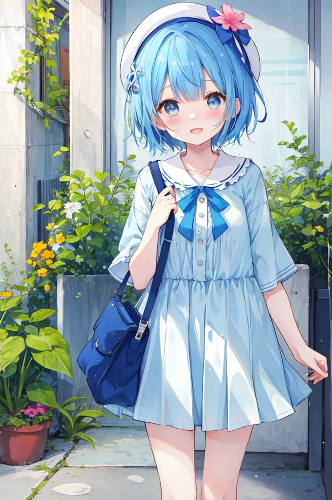 Girl、Blue hair short、Summer clothes、Embarrassed、Cute gestures