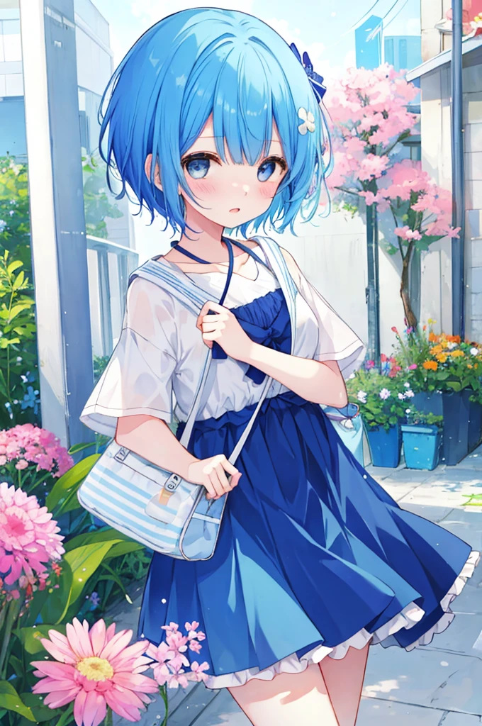 Girl、Blue hair short、Summer clothes、Embarrassed、Cute gestures