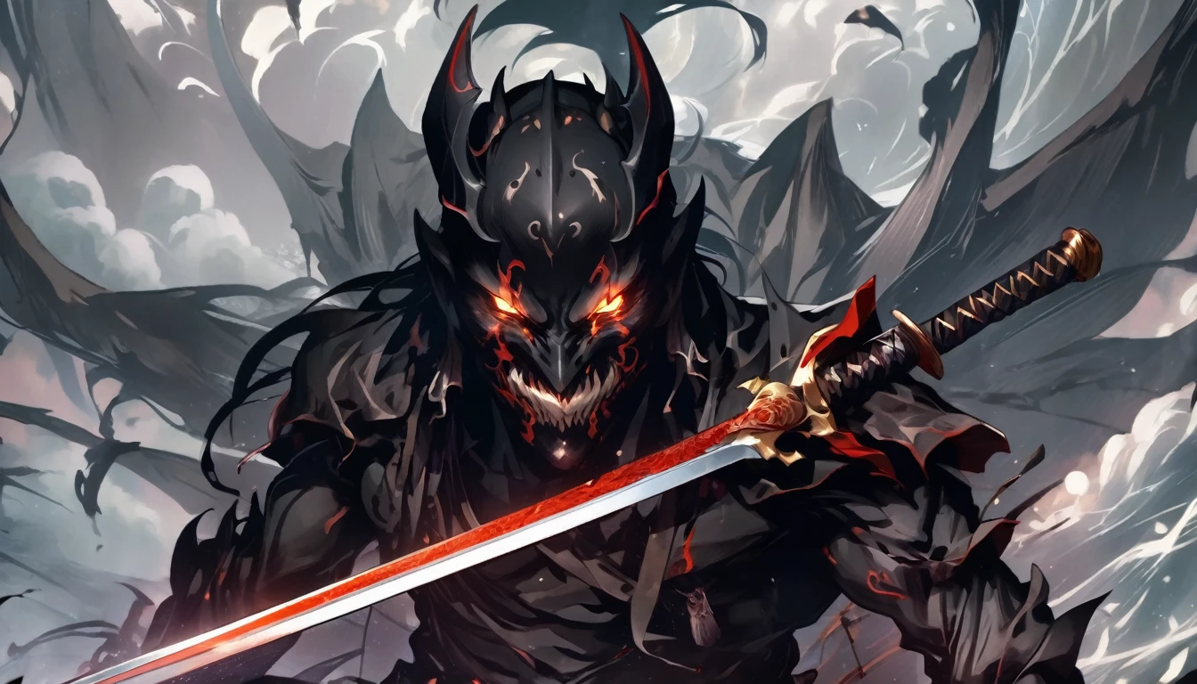 demon mask, sword on the back,close up, black heavy detailed clothes, hand katana, art, dark and malevolent, hand sword, armor, powerful and intimidating, (masterpiece, best quality, ultra-detailed, best shadow), (detailed background, dark fantasy) dramatic light, intricate details, dark and malevolent, powerful and intimidating, Dark and foreboding, malevolent force, sinister and chilling, armor, high detailed background, girl in demon slayer art, demon slayer art style, epic anime art, God death