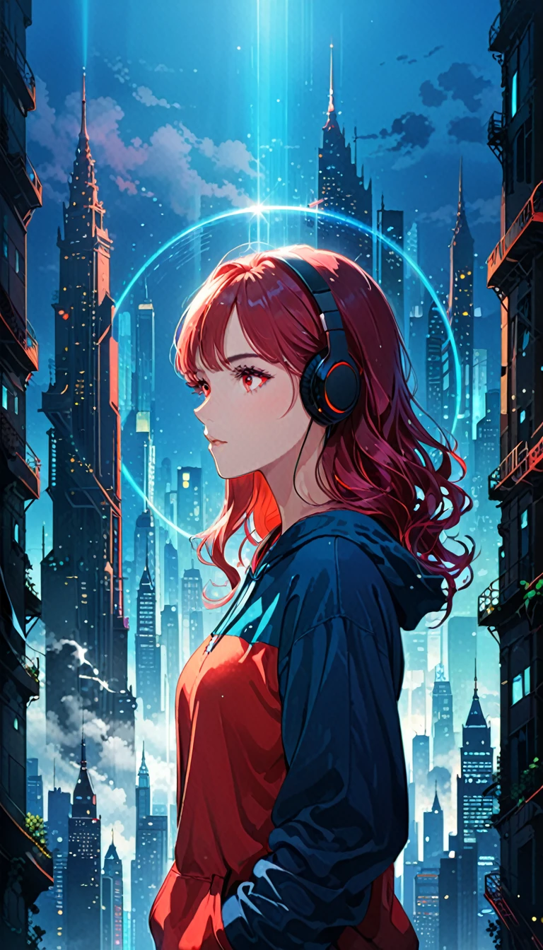(artist:Jack Hughes:1.4),1 Girl,(Long wavy hair:1.3),(bright city View pattern on clothes:2.1),Wide hood,hoodie,(earphone:1.2),Silhouette,
(Skyline:1.2),(city View:1.4),(A large iron tower:1.3),Stand at the top of the tower,lavenderblush theme,(darkness:1.3),(contour:1.5),(Background with rich lines:1.5),(Blue Background:1.6),(detail Luminescence red eyes:1.8),(looking at viewe:1.1),(Dark atmosphere,shadow,contour,Simple style,dark,Very strong darkness:1.5),(Dynamic_angle:1.2),(fashionable_posture:1.6),glowneon,(dutch angle:1.2),
Luminescence,neon,(Diffraction fog:1.8),Hold your chest with one hand,volume,detailed,texture,(shadow:1.5),(bajifashien is loose and fashionable:1.3),Dynamic angle,Rainbow hair,detailed cute anime face,((Change)),flower,cry,water,corrugated,flowers tire,shattered glass,(The screen is broken),Atlantis,Transparent glass,curvy postureing,