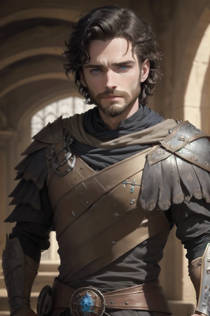 (best quality, masterpiece:1.4), 1boy, upperbody, scalemail, leather armor, robes, BREAK, black hair, medium hair, messy hair, BREAK, deep blue eyes, glowing eyes, BREAK, beard stubble, facial hair, closed mouth, BREAK, (Richard Madden:0.7), (Aragorn:0.8), absurdres, 4K UHD, beautiful eyes, male focus, eye focus