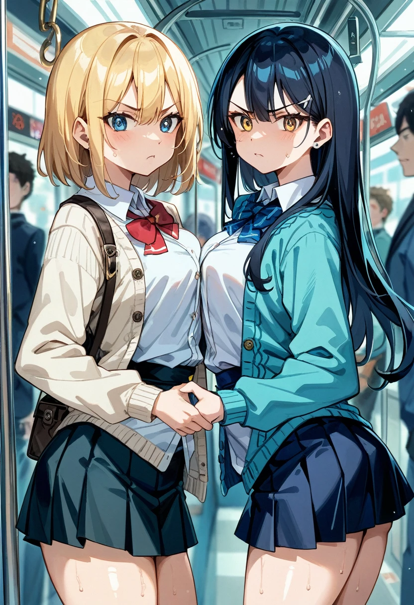 2girls,{{blue cardigan,black mini skirt}},{{{white cardigan,black mini skirt}}{{back track rich,blonde hair,blue eyes}}{{back track rich,dark hair,{yellow eyes}}},medium hair人の女の子,Frowning,,Starring each other,Face to face,Medium chest,Medium chest,Glaring at each other,Glaring at each other,Mouth half open,sweaty,Breast Matching,blurry background,little angry,{{symmetrical_docking}}Mouth half open,sweaty,blurry background,little angry,{{symmetrical_docking}},{{in train interior}}