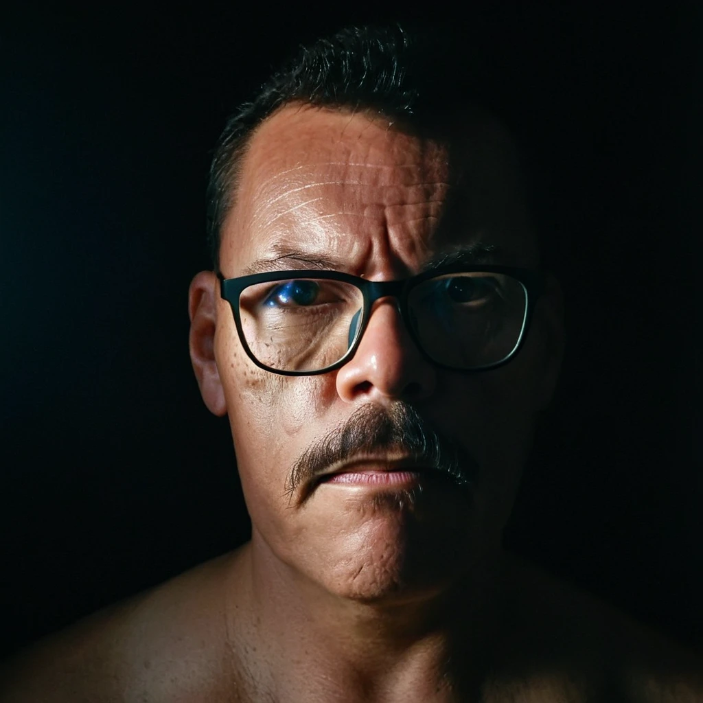 Professional raw 3x4 portrait of a man with glasses, (mustache:1.5), dramatic lighting, black background, sharp focus, high contrast, cinematic quality, moody atmosphere, chiaroscuro technique, piercing gaze, rimless rectangular glasses, furrowed brow, intense expression, shadowy contours, highlight on cheekbones, studio lighting setup, catch light in eyes, textured skin details, professional headshot, 85mm lens, shallow depth of field, RAW image format, high-resolution, award-winning photography style, inspired by Peter Lindbergh, dramatic shadows across face, strong jawline accentuated by lighting. gutto2024abr 