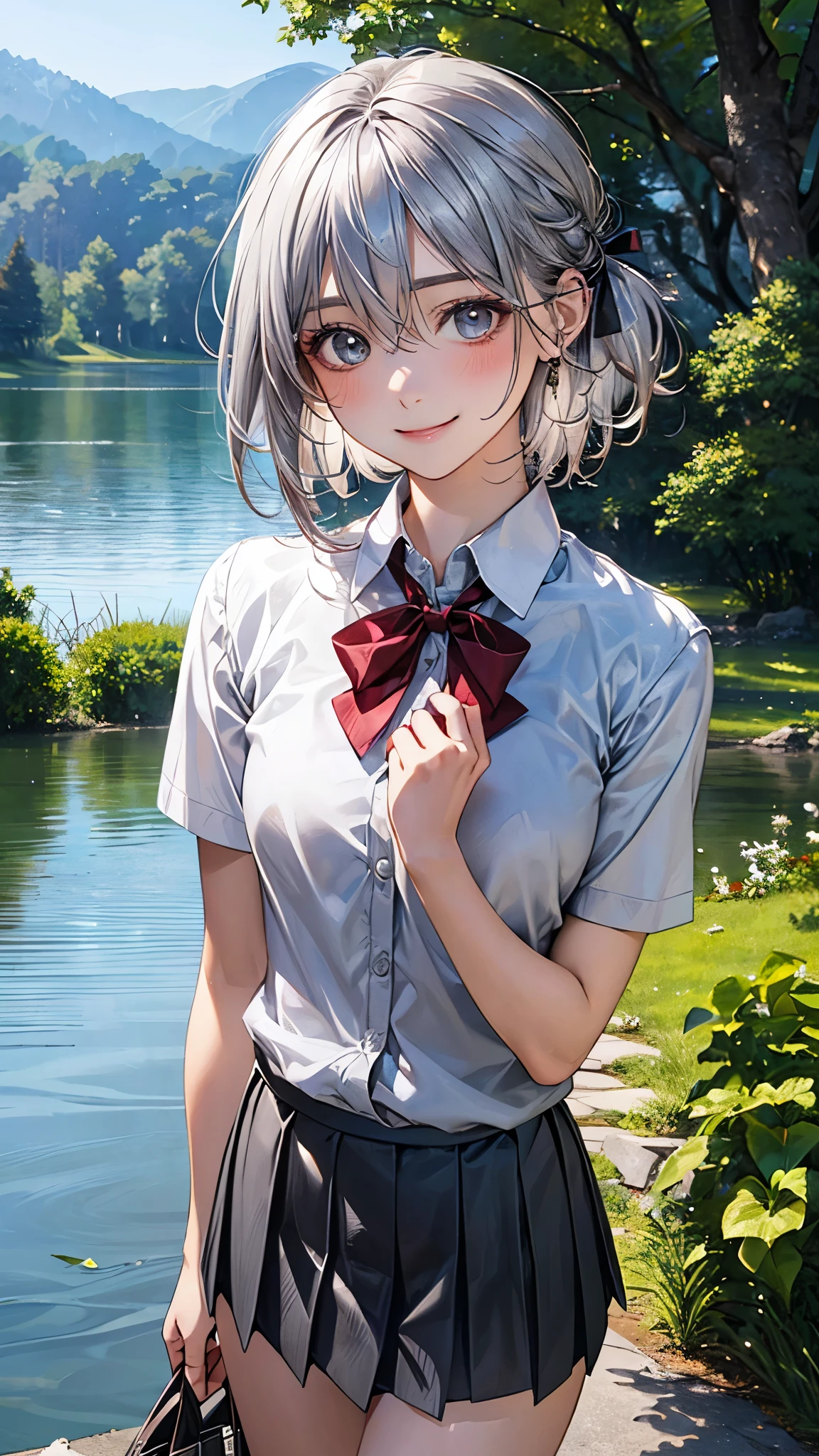 (masterpiece:1.2, top-quality), (realistic, photorealistic:1.4), beautiful illustration, (natural side lighting, movie lighting), nsfw,
looking at viewer, 1 girl, japanese, high school girl, ((girl with a sparrow on her hand)), perfect face, cute and symmetrical face, shiny skin,
(short hair:1.5, lob hair:1.2, silver hair), hair between eyes, grey eyes, long eye lasher, (medium breasts), slender, dark red hair ribbon,
beautiful hair, beautiful face, beautiful detailed eyes, beautiful clavicle, beautiful body, beautiful chest, beautiful thigh, beautiful legs, beautiful fingers,
((white collared shirts, grey box pleated mini skirt), dark red bow tie),
(beautiful scenery), evening, (forest, lake), walking, (lovely smile, open mouse slightly),