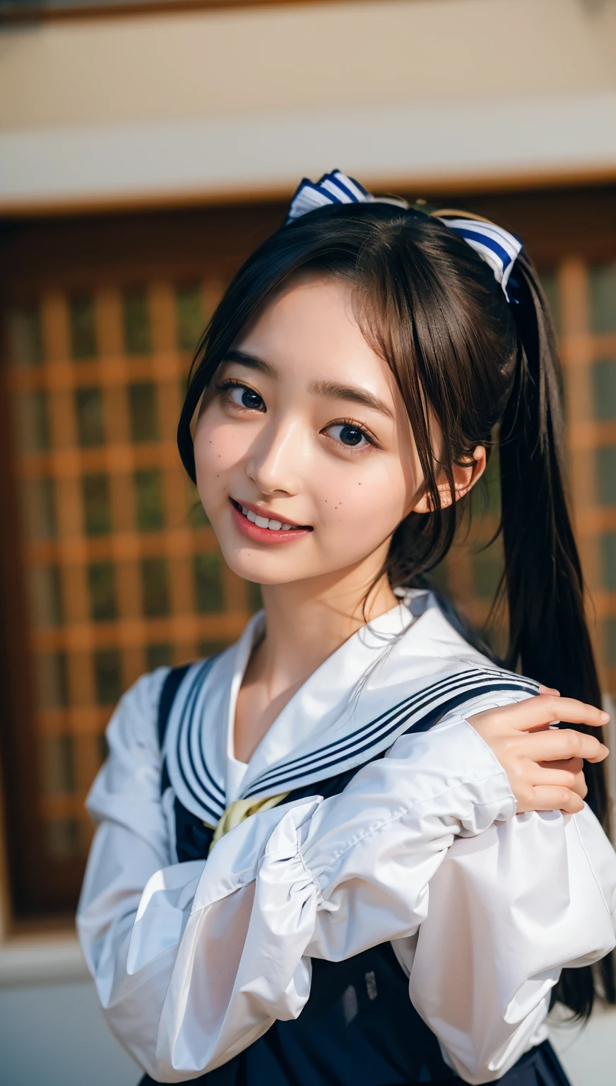 ((highest quality、8k、masterpiece:1.3)),((((fullbdy shot)))),Ultra-high resolution,big eyes,Japanese,forehead,bangs,(a girl),(1 girl),(()),((cute)),pretty,((facing at viewer)),(long hair),(((black sailor uniform))),grin,standing