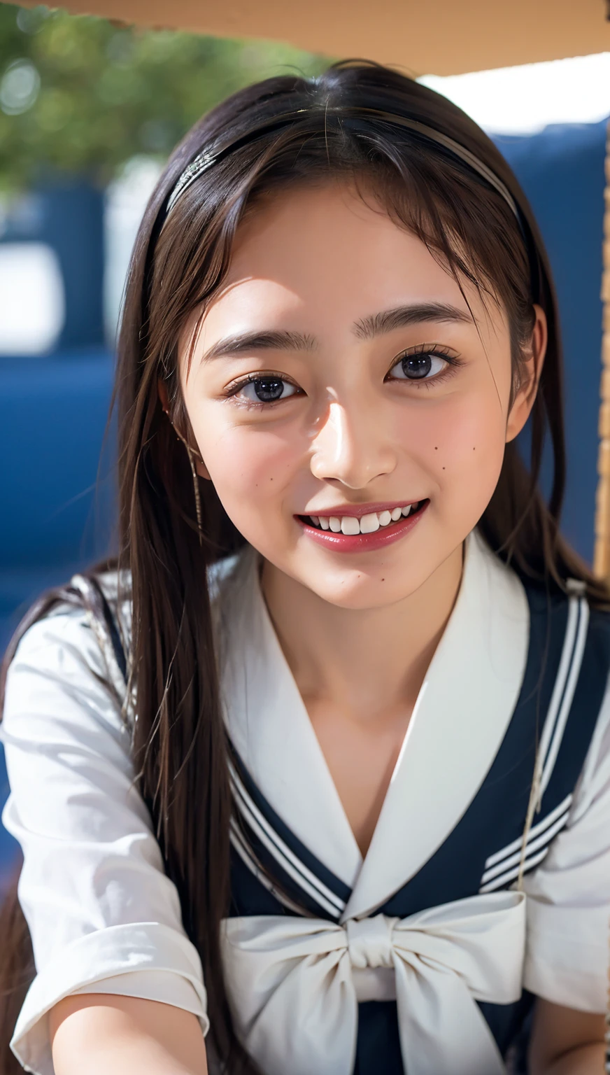 ((highest quality、8k、masterpiece:1.3)),((((fullbdy shot)))),Ultra-high resolution,big eyes,Japanese,forehead,bangs,(a girl),(1 girl),((16 years old)),((cute)),pretty,((facing at viewer)),(long hair),(((black sailor uniform))),grin,standing