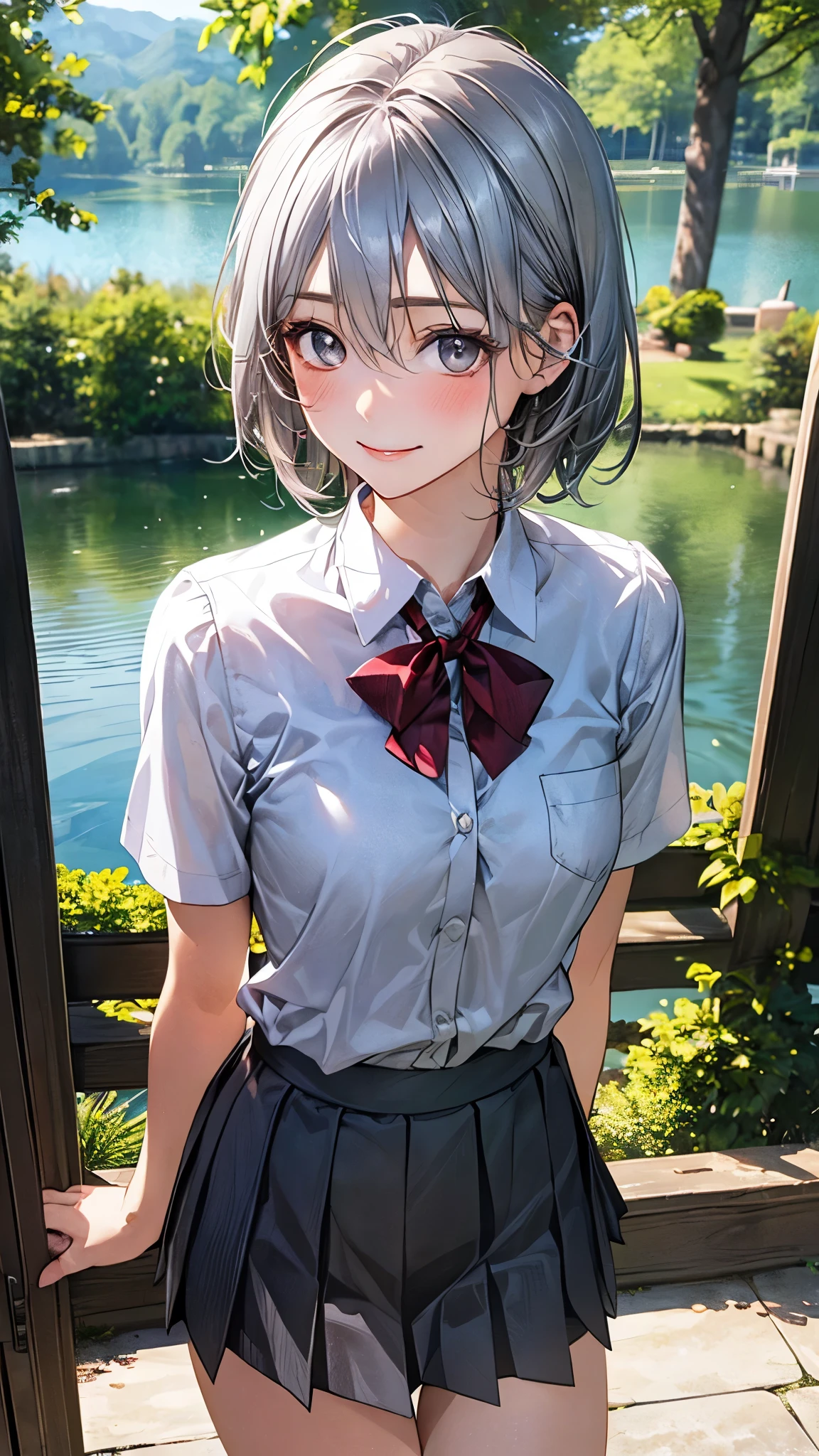 (masterpiece:1.2, top-quality), (realistic, photorealistic:1.4), beautiful illustration, (natural side lighting, movie lighting), nsfw,
looking at viewer, 1 girl, japanese, high school girl, ((girl with a sparrow on her hand)), perfect face, cute and symmetrical face, shiny skin,
(short hair:1.5, lob hair:1.2, silver hair), hair between eyes, grey eyes, long eye lasher, (medium breasts), slender, dark red hair ribbon,
beautiful hair, beautiful face, beautiful detailed eyes, beautiful clavicle, beautiful body, beautiful chest, beautiful thigh, beautiful legs, beautiful fingers,
((white collared shirts, grey box pleated mini skirt), dark red bow tie),
(beautiful scenery), evening, (forest, lake), walking, (lovely smile, open mouse slightly),