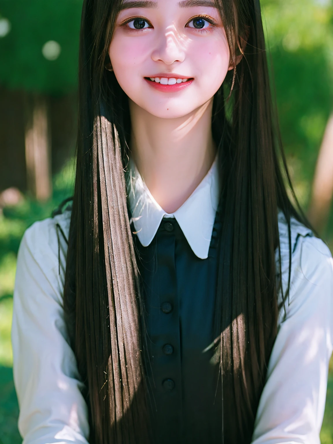 ((highest quality、8k、masterpiece:1.3)),((((upper body shot)))),Ultra-high resolution,big eyes,Japanese,forehead,bangs,(a girl),(1 girl),((************)),((cute)),pretty,((facing at viewer)),(long hair),((black shirts)),grin