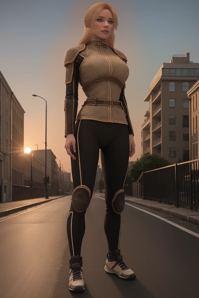 A Russian blonde female breton, a Gopnik, squats confidently in a sleek Adidas sports suit, her athletic physique evident beneath the tight fabric. The setting sun casts a warm glow on the scene, with the residential buildings of Saint Petersburg's urban landscape serving as a backdrop. The subject's pose is bold and powerful, exuding a sense of strength and determination. (looking at the viewer:1.2)