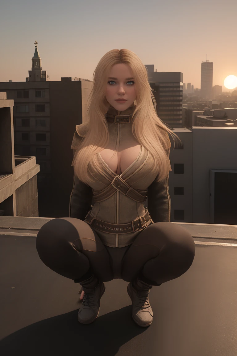 A Russian blonde female breton, a Gopnik, squats confidently in a sleek Adidas sports suit, her athletic physique evident beneath the tight fabric. The setting sun casts a warm glow on the scene, with the residential buildings of Saint Petersburg's urban landscape serving as a backdrop. The subject's pose is bold and powerful, exuding a sense of strength and determination. (looking at the viewer:1.2)