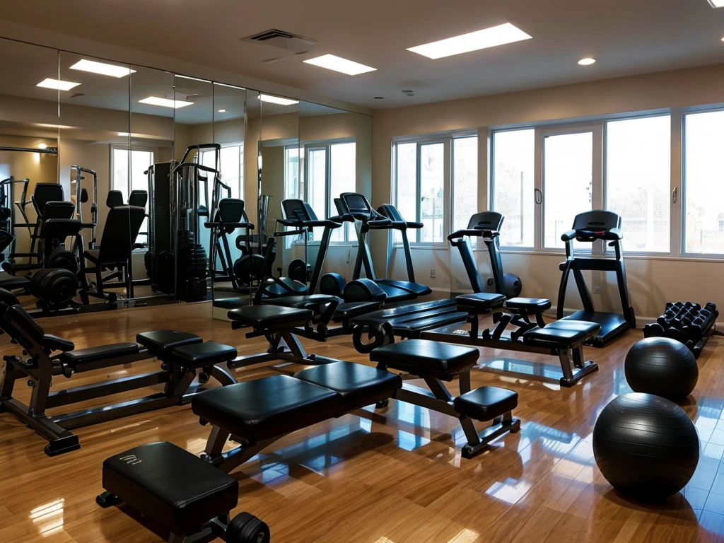 photo of a fitness gym, with various equipment, wide angle photo, high quality,