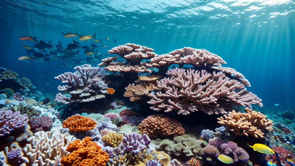 Lots of corals in the deep sea。Mysterious and colorful