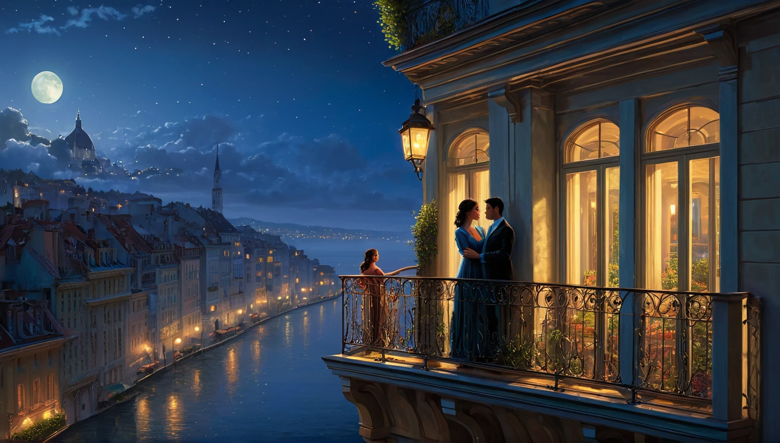 arafed image of a couple standing on a balcony at night, inspired by Evgeny Lushpin, romantic painting, by Evgeny Lushpin, romantic era painting, romance novel cover, balcony scene, style of raphael lacoste, kilian eng and thomas kinkade, by Alexander Kucharsky, magali villeneuve and monet, tomas kinkade