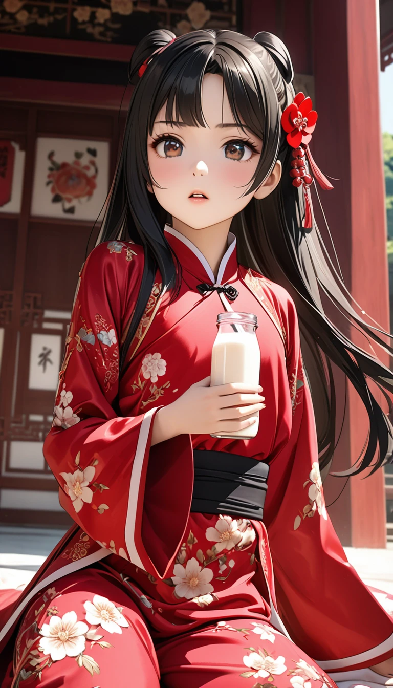 A tragic historical drama in 8k live-action style: Beautiful palace secrets Beautiful Chinese Kung Fu Princess with long black hair has milk overflowing from her nipples Gorgeous embroidery, Ultra glossy, She is wearing a shiny red top and bottom long sleeve floral pajama kung fu suit.... She's crying