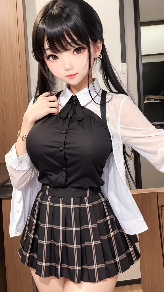 Detailed face、highlight、Asian Girl、thigh、Tabletop、breast enhancement、Bodyline、Black Hair、Heavy bangs、Checkered Skirt、White blouse、Support your chest with your arms、