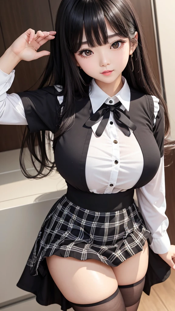 Detailed face、highlight、Asian Girl、thigh、Tabletop、breast enhancement、Bodyline、Black Hair、Heavy bangs、Checkered Skirt、White blouse、Support your chest with your arms、