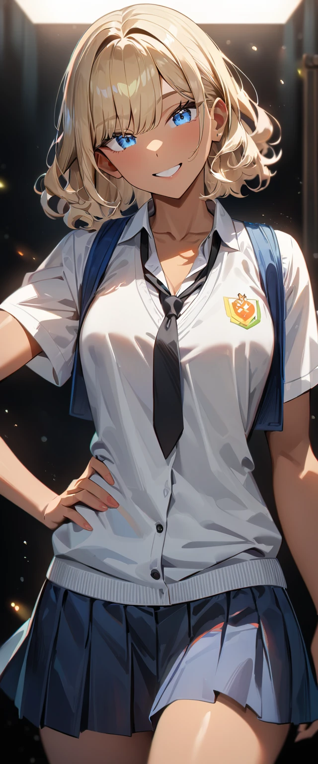(((One girl))), ((tanned skin:1.3)), blond hair, ((sunglasses, hand to sunglasses)), stick out tongue, ((one hand on hip)), ((bob cut:1.3, wavy hair)), Natural makeup, breasts, (cowboy shot), standard body, (looking at viewer), collarbone, ((((school summer uniform, white unbuttoned shirt, skirt)))), (open collar), ((black tie under the sweater vest)), ((black sweater)), ager, head tilt:1.3, (((blue eye))), ((happy smile)), (((anime style))), (best quality, 4k, 8k, highres, masterpiece:1.2, ultra-detailed, ultra-detailed eyes, HDR, UHD, studio lighting, ultra-fine painting, sharp focus, physically-based rendering, extreme detail description, professional, vivid colors, bokeh), ((Highest quality, Best image quality, Ultra-high resolution, Ultra-high resolution, solo, Strong eye highlights)), Depth of written boundary, Natural soft light, attractive, Beautiful Face, Cleanliness, Pure Face, nedium chest, Beautiful Face, Perfect Fingers, Perfect hands, Perfect body, Perfect Face, Shine a light into your eyes, Perfect Anatomy