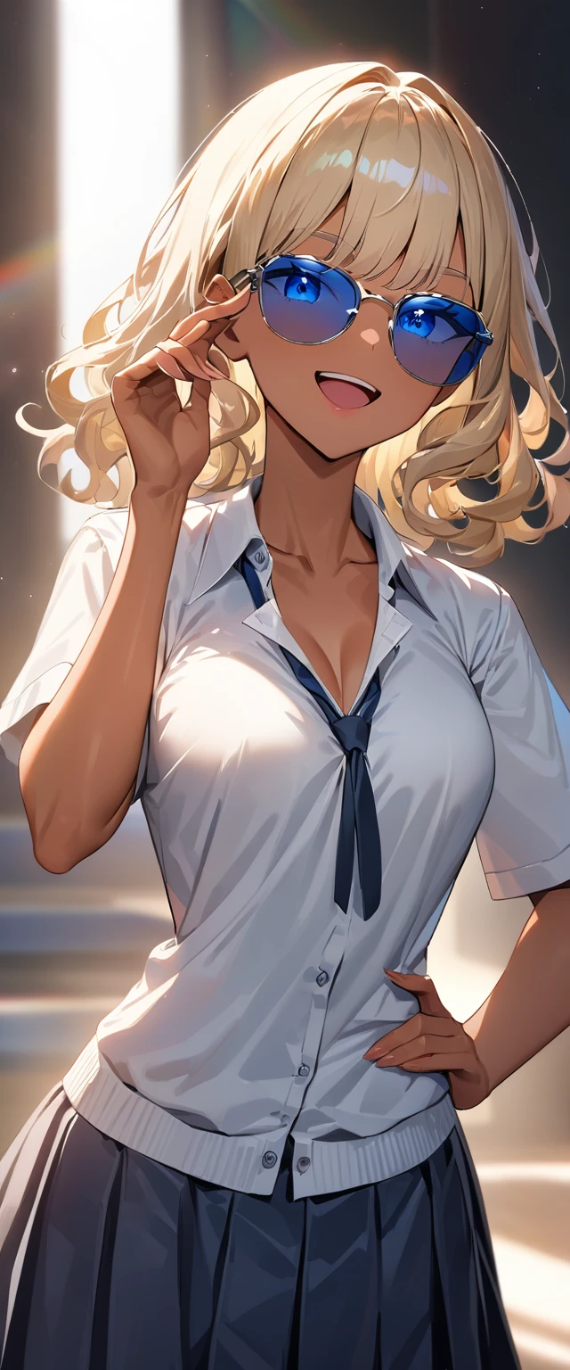 (((One girl))), (((from behind))), (((back view))), (tanned skin:1.3), blond hair, inwardly curled hair, ((sunglasses, hand to sunglasses)), open mouth, tongue out, one hand on hip, ((bob cut:1.3, wavy hair)), (upper body), (looking back), ((((white unbuttoned shirt, skirt)))), teenager, (((blue eye))), ((happy smile)), (((anime style))), (best quality, 4k, 8k, highres, masterpiece:1.2, ultra-detailed, ultra-detailed eyes, HDR, UHD, studio lighting, ultra-fine painting, sharp focus, physically-based rendering, extreme detail description, professional, vivid colors, bokeh), ((Highest quality, Best image quality, Ultra-high resolution, Ultra-high resolution, solo, Strong eye highlights)), Depth of written boundary, Natural soft light, attractive, Beautiful Face, Cleanliness, Pure Face, nedium chest, Beautiful Face, Perfect Fingers, Perfect hands, Perfect body, Perfect Face, Shine a light into your eyes, Perfect Anatomy
