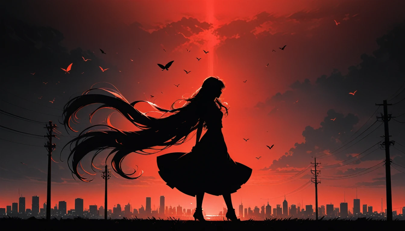 (in style of Ashley Wood:1.3),(in style of Takeshi Obata:0.9),
black and white urban skyline background,protruding utility poles,(a red silhouette of a young girl:1.6),minimalist silhouette,red silhouette,black and white background,wide_shot,silhouette of a age girl on a telephone pole,(selulu style:1.4),heles,flowing long skirts,(incredibly long hair fluttering in the wind:2), electric guitar