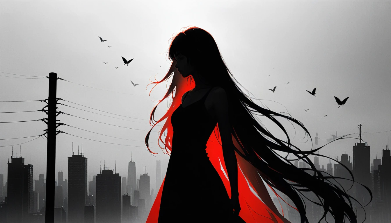 (in style of Ashley Wood:1.3),(in style of Takeshi Obata:0.9),
black and white urban skyline background,protruding utility poles,(a red silhouette of a young girl:1.6),minimalist silhouette,red silhouette,black and white background,wide_shot,silhouette of a teenage girl on a telephone pole,(selulu style:1.4),heles,flowing long skirts,(incredibly long hair fluttering in the wind:2), electric guitar