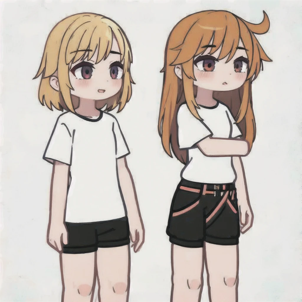 1 girl, looking away, White background, White T-shirt, black shorts