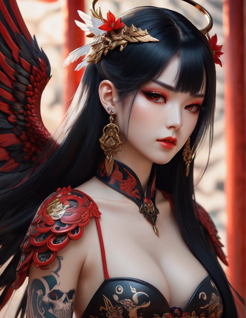 quality(8k wallpaper of extremely detailed CG unit, masterpiece, hight resolution, top-quality, top-quality real texture skin,hyper realisitic, digitial painting,increase the resolution,RAW photos,best qualtiy,highly detailed,the wallpaper),BREAK,8K, onmyoji-style art, black long hair , angel girl, owel tattoos, red bone armor , full face, close up shot, frontal shot, skull earrings, piercings