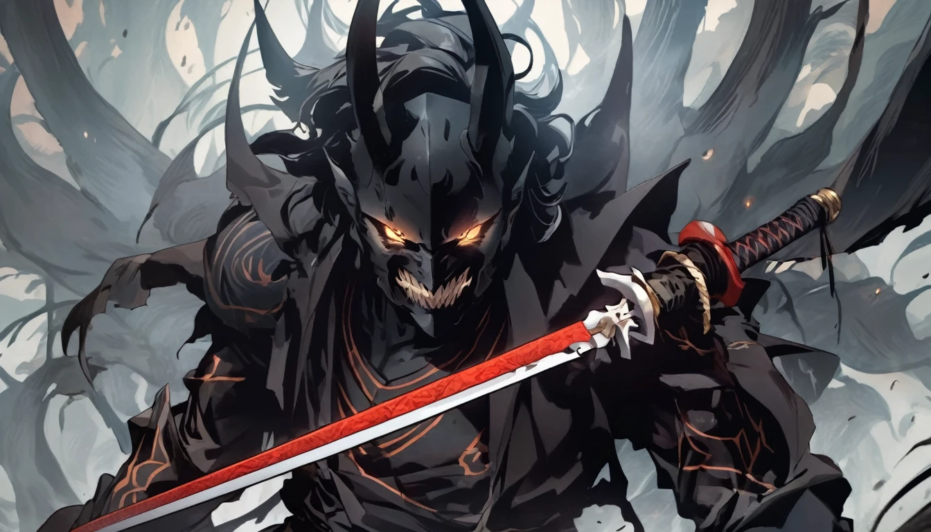 demon mask, sword on the hand,close up, black heavy detailed clothes, hand katana, art, dark and malevolent, hand sword, armor, powerful and intimidating, (masterpiece, best quality, ultra-detailed, best shadow), (detailed background, dark fantasy) dramatic light, intricate details, dark and malevolent, powerful and intimidating, Dark and foreboding, malevolent force, sinister and chilling, armor, high detailed background, girl in demon slayer art, demon slayer art style, epic anime art, God death